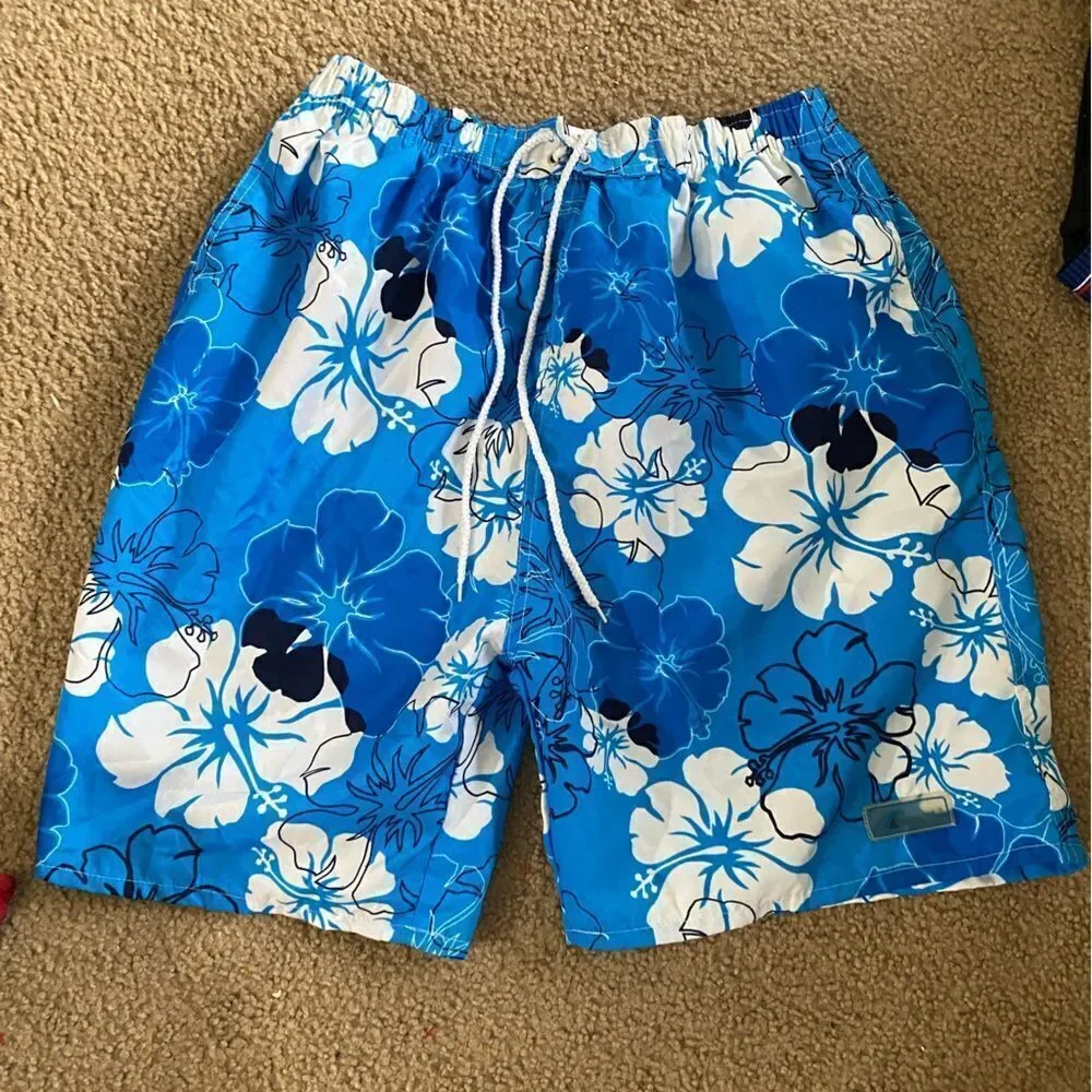 Mens Blue and White Hawaiian Flower Swim Trunks